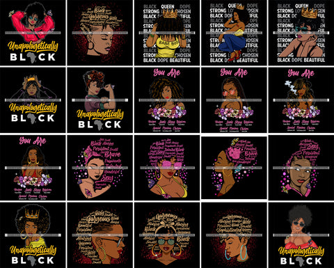 Bundle 20 Afro Woman You Are Unapologetically Dope Black Queen Quotes Nubian Melanin SVG Cutting Files For Silhouette Cricut and More