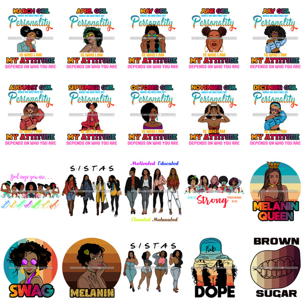 Bundle 20 Calendar Girls Sista Dope Strong Woman Brown Sugar African American Lady Swag Nubian Melanin SVG Cutting Files