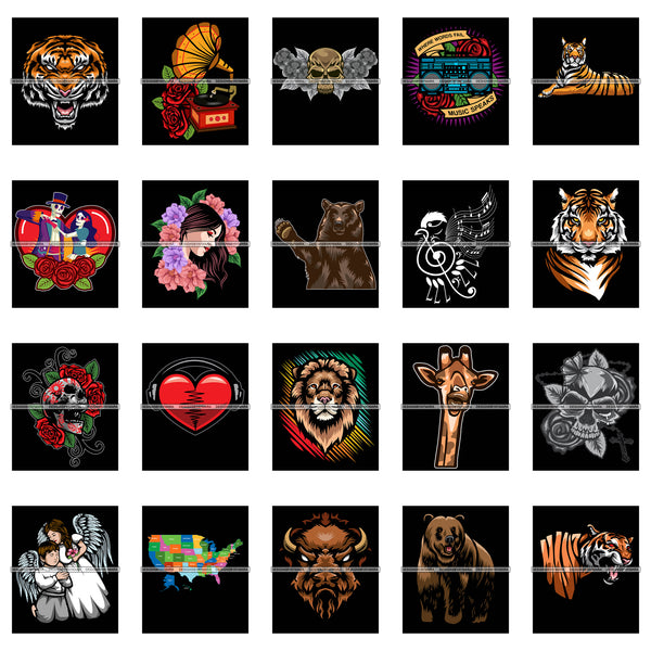 Bundle 20 Miscellaneous Tattoos Animals Heart Angel Designs For T-Shirt and Other Products SVG PNG JPG Cutting Files For Silhouette Cricut and More!