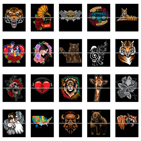 Bundle 20 Miscellaneous Tattoos Animals Heart Angel Designs For T-Shirt and Other Products SVG PNG JPG Cutting Files For Silhouette Cricut and More!