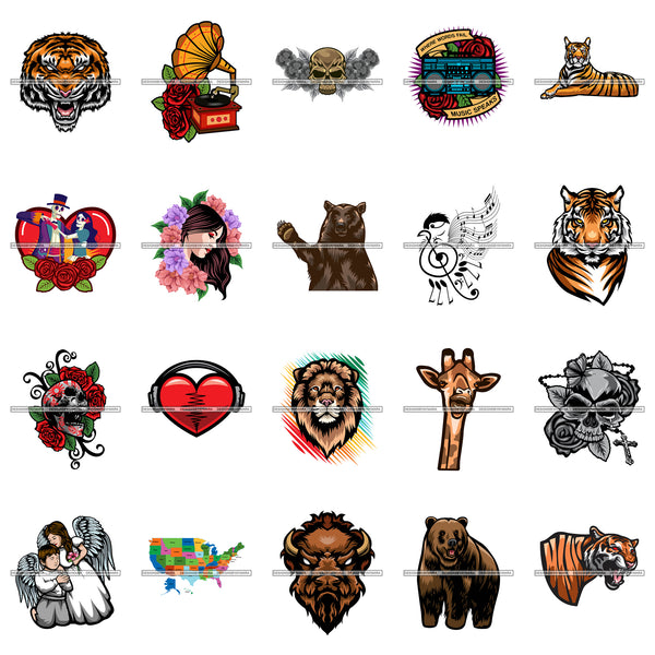 Bundle 20 Miscellaneous Tattoos Animals Heart Angel Designs For T-Shirt and Other Products SVG PNG JPG Cutting Files For Silhouette Cricut and More!