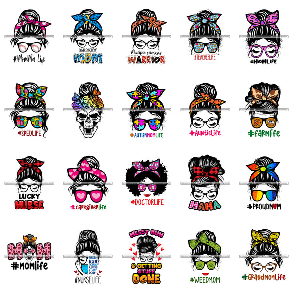 Bundle 20 Mom Life Auntie Life Farm Life Half Face Glasses Messy Bun Woman Melanin Girl Magic Nubian PNG JPG SVG Cutting Files For Silhouette Cricut and More!
