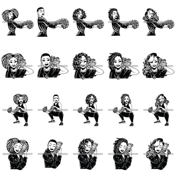 Bundle 20 Afro Gangster Hustler Lola Holding 100 Dollar Bill Showing Up Money Stacks Savage SVG Cutting Files For Silhouette Cricut and More!