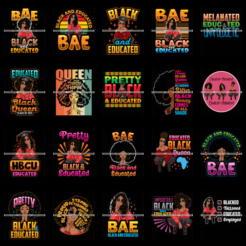 Bundle 20 Afro Melanin BAE Pretty Black Educated Woman Melanin Black Girl Magic Nubian Black Background PNG JPG SVG Cutting Files For Silhouette Cricut and More!
