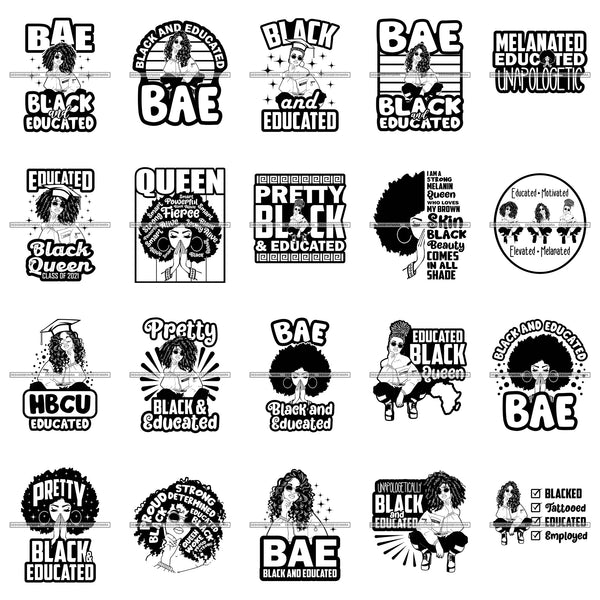 Bundle 20 Afro Melanin BAE Pretty Black Educated Woman Melanin Black Girl Magic Nubian B/W PNG JPG SVG Cutting Files For Silhouette Cricut and More!