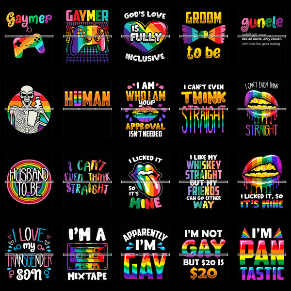 Bundle 20 Pride Month Gay Pride I Can't Even Think Straight Funny Quotes Black Background PNG JPG SVG Cutting Files For Silhouette Cricut and More!