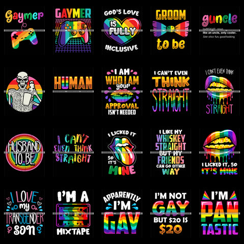 Bundle 20 Pride Month Gay Pride I Can't Even Think Straight Funny Quotes Black Background PNG JPG SVG Cutting Files For Silhouette Cricut and More!