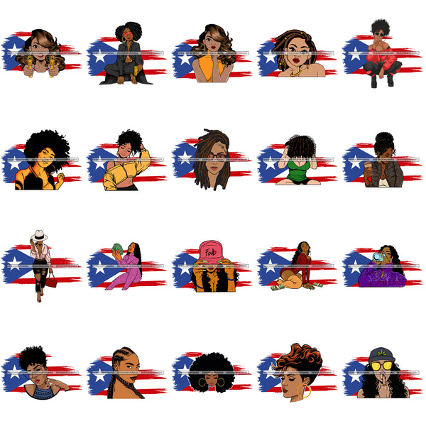 Bundle 20 Puerto Rican Woman Goddess Boricua Puerto Rico Girl Flag Distressed Pride Designs For T-Shirt and Other Products SVG PNG JPG Cutting Files For Silhouette Cricut and More!