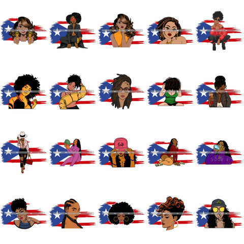 Bundle 20 Puerto Rican Woman Goddess Boricua Puerto Rico Girl Flag Distressed Pride Designs For T-Shirt and Other Products SVG PNG JPG Cutting Files For Silhouette Cricut and More!