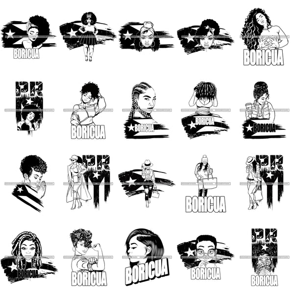 Bundle 20 Puerto Rico Boricua Goddess Melanin Pretty Woman Melanin Black Girl Magic Nubian B/W PNG JPG SVG Cutting Files For Silhouette Cricut and More!