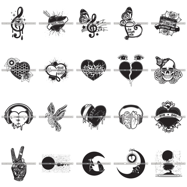 Bundle 20 Mix Elements tattoos Ideas Broken Heart Music Notes Designs For T-Shirt and Other Products SVG PNG JPG Cutting Files For Silhouette Cricut and More!