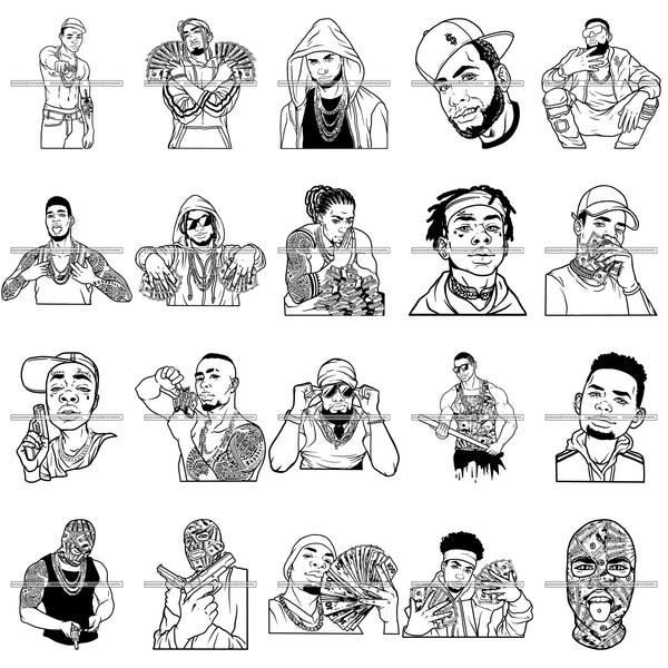 Bundle 20 Gangsta Gangster Afro Black King Man Men 100 Dollar Bill Hustler Hustling Melanin African American Male PNG JPG SVG Cutting Files For Silhouette Cricut and More!