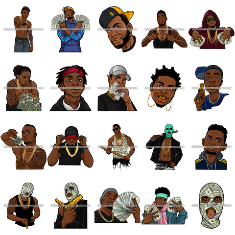 Bundle 20 Gangsta Gangster Afro Black King Man Men 100 Dollar Bill Hustler Hustling Melanin African American Male PNG JPG SVG Cutting Files For Silhouette Cricut and More!