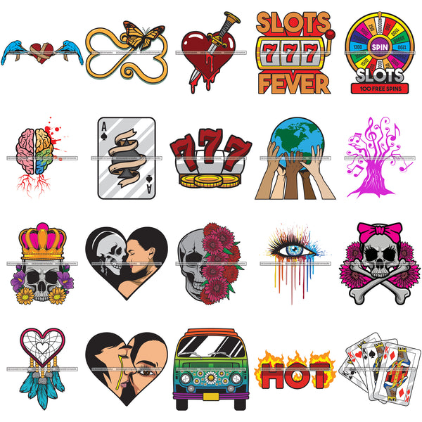 Bundle 20 Miscellaneous Skull Music Notes Slots Machine Heart Vector Designs For T-Shirt and Other Products SVG PNG JPG Cut Files For Silhouette Cricut and More!