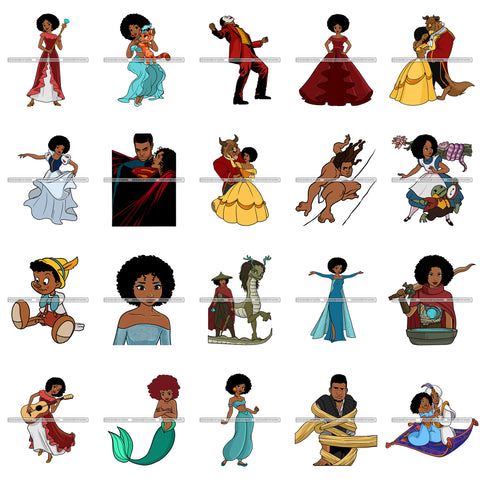 Bundle 20 Black Princess Long Dress Afro Hairstyle Cartoon Illustration Hero's Fantasy Animation Fairy Black Figure Designs For T-Shirt and Other Products SVG PNG JPG Cutting Files For Silhouette Cricut and More!