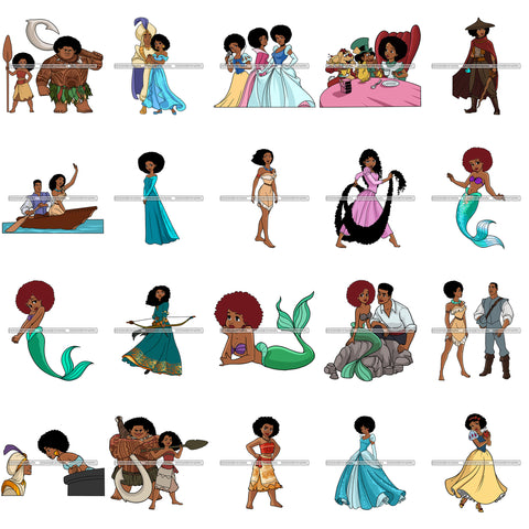 Bundle 20 Black Princess Long Dress Afro Hairstyle Cartoon Illustration Hero's Fantasy Animation Fairy Black Figure Designs For T-Shirt and Other Products SVG PNG JPG Cutting Files For Silhouette Cricut and More!