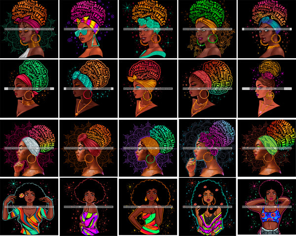 Bundle 20 Afro Woman Wearing Turban Quotes Passionate Talented Black Girl Magic Unique Designs JPG PNG