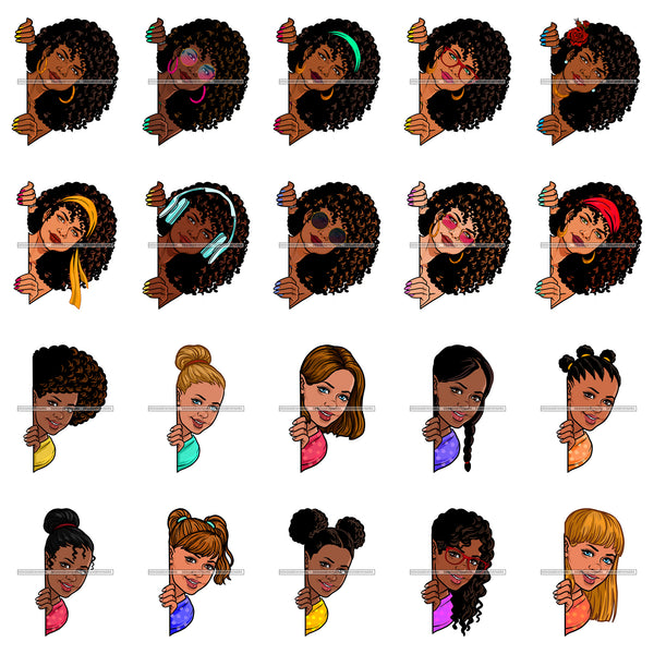 Bundle 20 Afro Woman Peek A Boo Peeking Melanin Nubian Ebony Curly Hairstyle JPG PNG Files For Silhouette Cricut and More