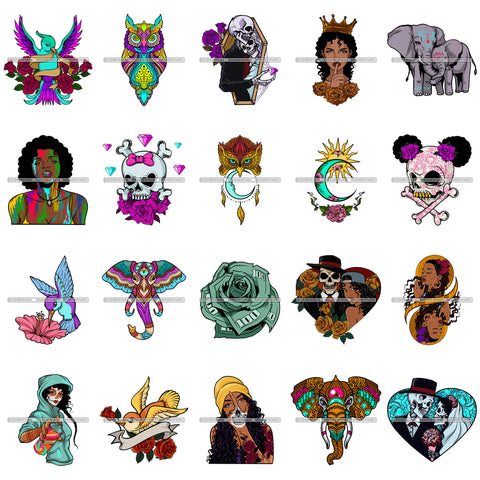 Mix Bundle 20 Vector Designs Melanin Queen Tattoos Money Animal Skulls PNG JPG SVG Cut Files For Silhouette Cricut and More!