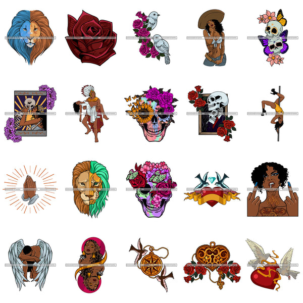 Mix Bundle 20 Vector Designs Skulls Melanin Angel Man Logo Tattoos PNG JPG SVG Cut Files For Silhouette Cricut and More!