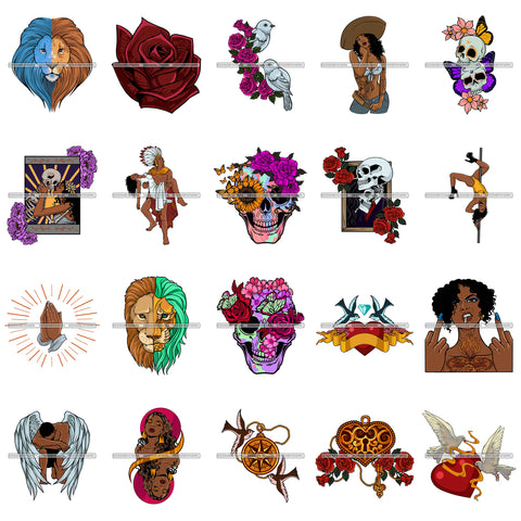 Mix Bundle 20 Vector Designs Skulls Melanin Angel Man Logo Tattoos PNG JPG SVG Cut Files For Silhouette Cricut and More!