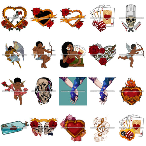 Mix Bundle 20 Vector Designs Black Angel Boys Cupid Skull Hearts Logo Tattoos PNG JPG SVG Cut Files For Silhouette Cricut and More!