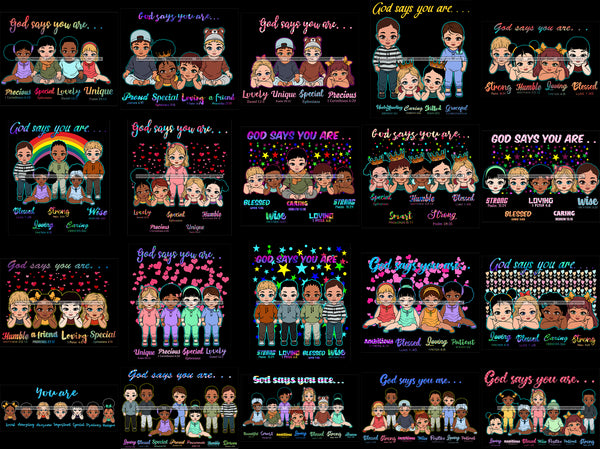 Bundle 20 God Says You Are Kids Girls Boys Bible Verses Black White Hispanic Ethnic Children's Toddler  SVG PNG JPG Cutting Files For Silhouette Cricut and More!