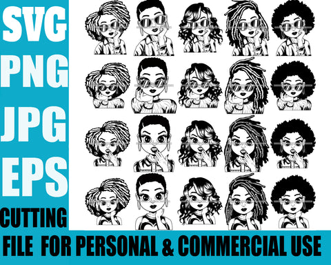 Bundle 20 Afro Cute Lili Big Eyes Designs For Commercial And Personal Use Black Girl Woman Nubian Queen Melanin SVG Cutting Files For Silhouette Cricut and More