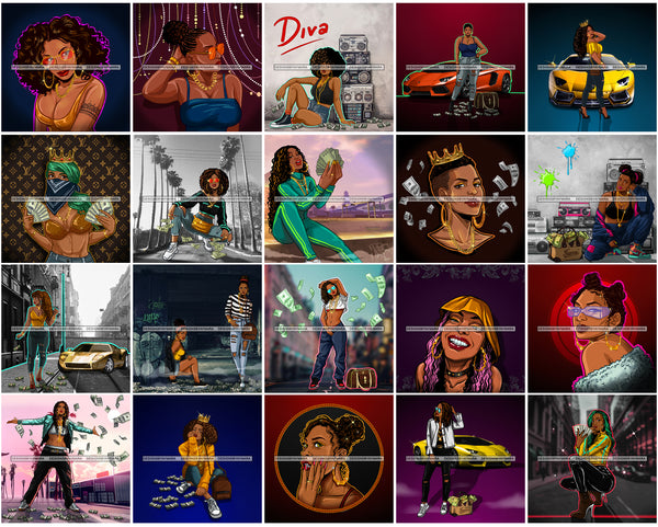 Bundle 20 Afro Goddess Hustle Black Woman Hipster Girl Money Maker Nubian Queen Melanin PNG JPG