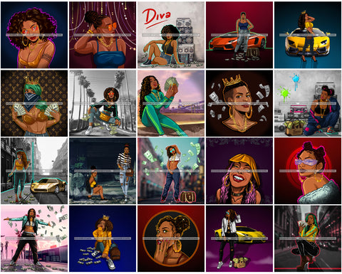 Bundle 20 Afro Goddess Hustle Black Woman Hipster Girl Money Maker Nubian Queen Melanin PNG JPG