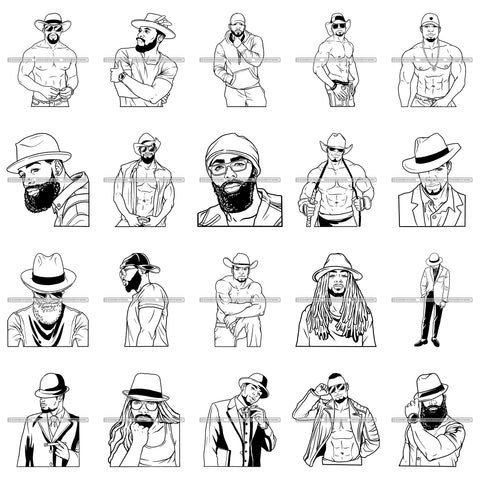 Bundle 9 Afro Black Man Cowboy Hat Handsome Bearded Men Fashion Melanin African American Male PNG JPG SVG Cutting Files For Silhouette Cricut and More!