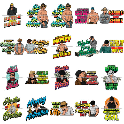 Bundle 20 Handsome Light Skin Color Black Man Hustler Hustling Hustle Grind Quotes Savage Money Is The Motivation 100 Dollar Bill Street Man African American Male PNG JPG SVG Cutting Files For Silhouette Cricut and More!