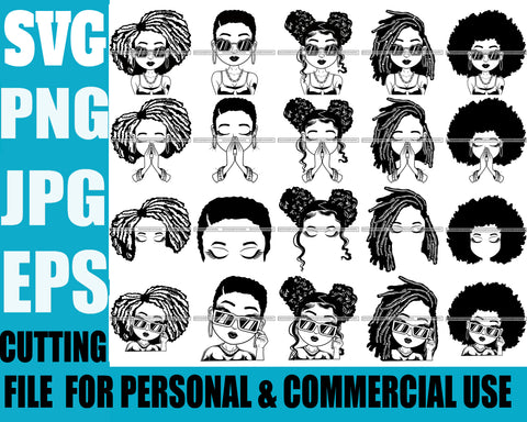 Bundle 20 Afro Hairstyle Cute Lili Big Eyes Cool Glasses Girl With Tattoo Designs For Commercial And Personal Use Black Girl Woman Nubian Queen Melanin SVG Cutting Files For Silhouette Cricut and More