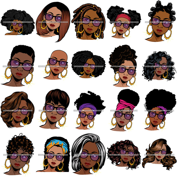 Bundle 20 Afro Woman Lola Face Wearing Glasses Queen Nubian Melanin SVG Cutting Files For Silhouette Cricut and More