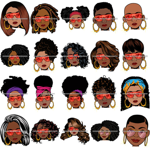 Bundle 20 Afro Woman Lola Face Wearing Glasses Queen Nubian Melanin SVG Cutting Files For Silhouette Cricut and More