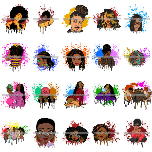 Bundle 20 Afro Melanin Pretty Woman Melanin Black Girl Magic Splash Dripping Nubian PNG JPG SVG Cutting Files For Silhouette Cricut and More!