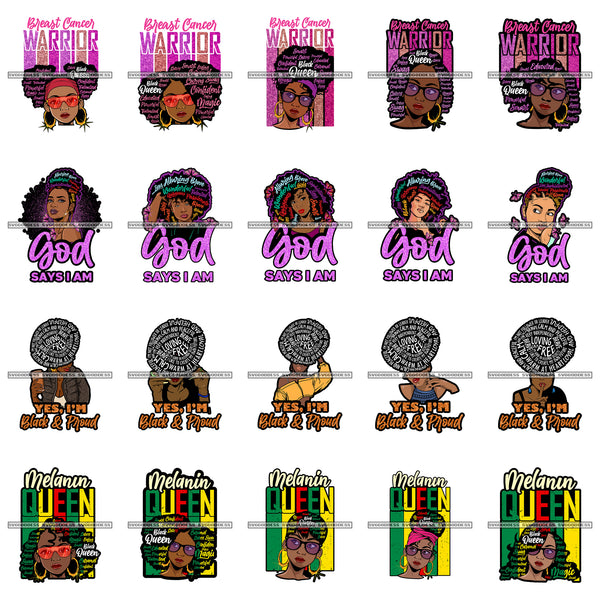 Bundle 20 Afro Woman Yes I'm Black & Proud Melanin Queen Quotes Breast Cancer Warrior Diva Layered SVG Cut Files For Silhouette Cricut and More!