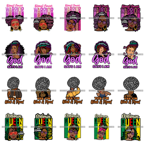 Bundle 20 Afro Woman Yes I'm Black & Proud Melanin Queen Quotes Breast Cancer Warrior Diva Layered SVG Cut Files For Silhouette Cricut and More!