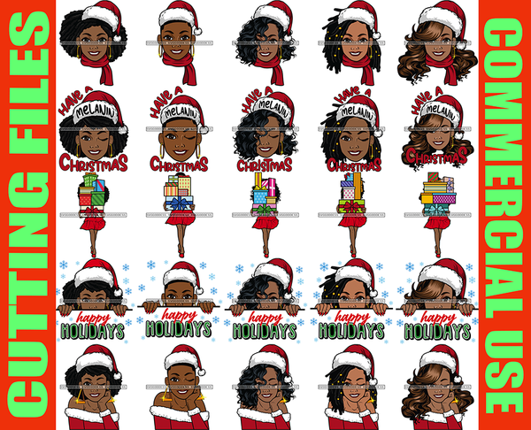 Bundle 25 Christmas Melanin Woman Designs For Commercial Use Holidays Celebration Winter Season SVG PNG JPG EPS Cutting Vector Files