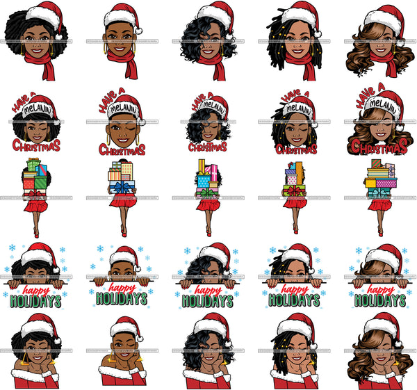 Bundle 25 Afro Girls Wearing Santa Hat Christmas Gifts Celebration Peek A Boo Black Woman Melanin Nubian Queen SVG Cutting Files For Silhouette Cricut And More