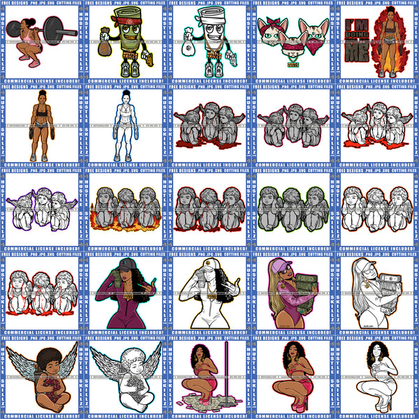 Bundle 25 Baby Angel See No Evil Hear No Evil Talk No Evil Grind Melanin Hustler Woman Mix Bundle SVG PNG JPG Cut Files For Silhouette Cricut and More!