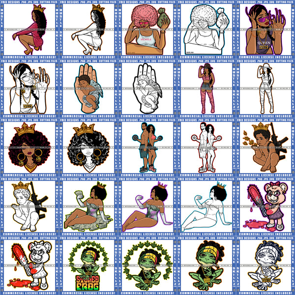 Bundle 25 Melanin Woman Queen Cannabis Frog Smoking Blunt Hustler Couple Workout Grind Mix Bundle SVG PNG JPG Cut Files For Silhouette Cricut and More!