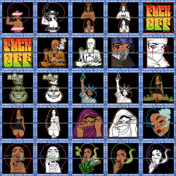 Bundle 25 Self Love Queen King Woman Man Melanin Smoking Blunt Liberty Statue Gun Hand Woman Wearing Hijab Stoned Buda Mix Bundle SVG PNG JPG Cut Files For Silhouette Cricut and More!
