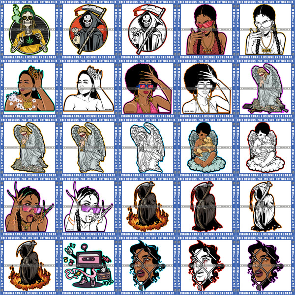 Bundle 25 Grim Reaper Death Baby Angel Wings Mix Bundle Woman Angel Money Mix Bundle SVG PNG JPG Cut Files For Silhouette Cricut and More!