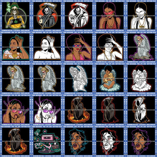 Bundle 25 Grim Reaper Death Baby Angel Wings Mix Bundle Woman Angel Money Mix Bundle SVG PNG JPG Cut Files For Silhouette Cricut and More!