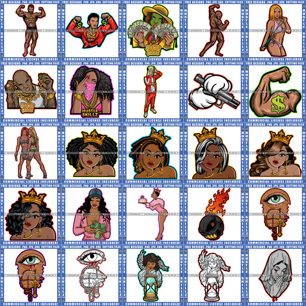 Bundle 25 Strong Man Queen Woman Bodybuilder Biceps Woman Praying Mix Bundle SVG PNG JPG Cut Files For Silhouette Cricut and More!