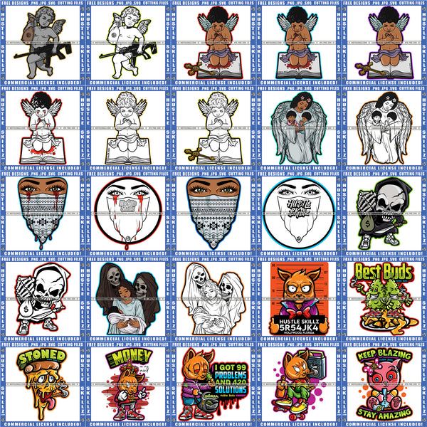 Bundle 25 Angel Boy Praying Bible Blood Cross Woman Angel Carrying Babies Cannabis Stoned Mix Bundle SVG PNG JPG Cut Files For Silhouette Cricut and More!