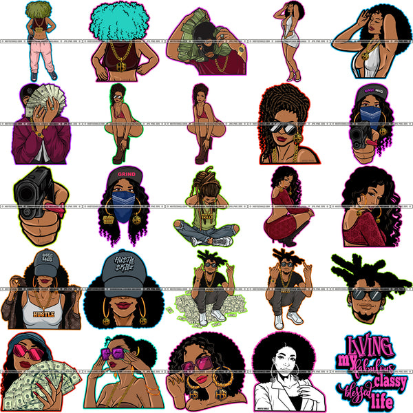 Bundle 25 Melanin Woman Hustling Grind Living My Fabulous Blessed Life Hustler Man Money Maker Mix Bundle SVG PNG JPG Cut Files For Silhouette Cricut and More!