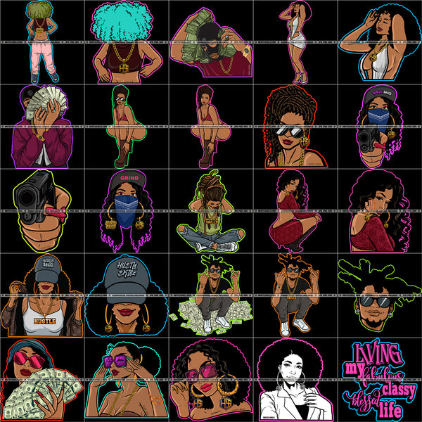 Bundle 25 Melanin Woman Hustling Grind Living My Fabulous Blessed Life Hustler Man Money Maker Mix Bundle SVG PNG JPG Cut Files For Silhouette Cricut and More!