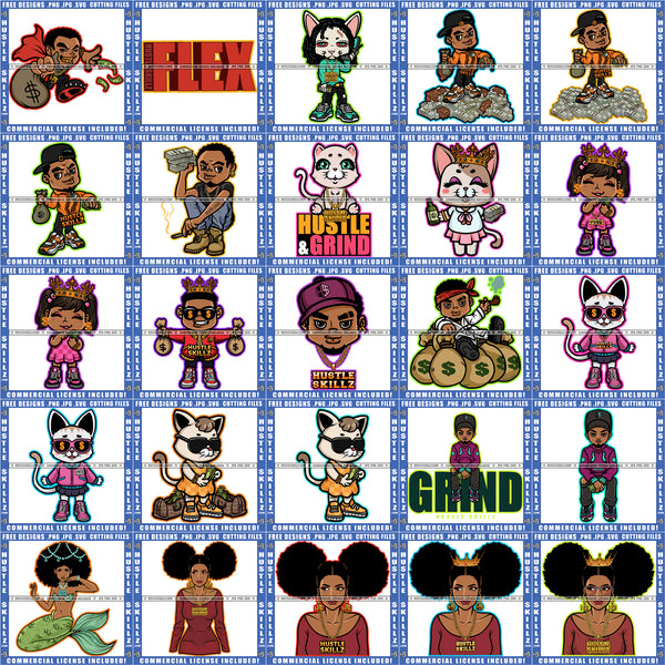 Bundle 25 Flex Hustle Grind Melanin Woman Afro Puff Cute Girl Money Bag Cat SVG PNG JPG Cut Files For Silhouette Cricut and More!